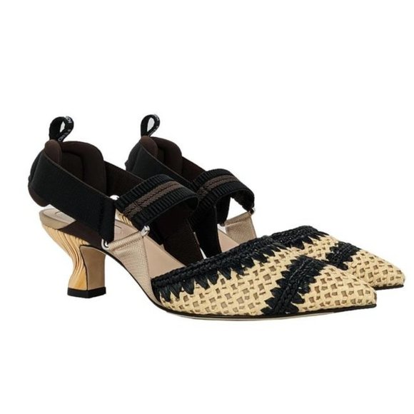 Fendi Shoes - Fendi Black Beige Colibri Woven Raffia Slingbacks